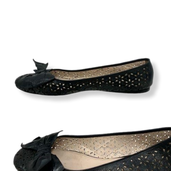 Prada Black Leather Ballerina Perforated Laser Cut Bow Flats Size 39 - Picture 8 of 10